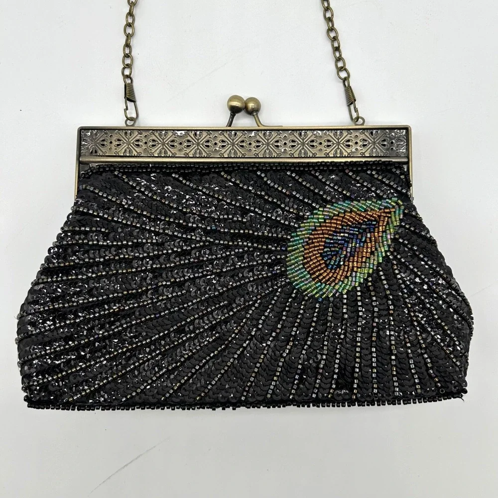 Peacock Black Clutch Purse Beaded Sequin Evening Bag Chain‎ Handle